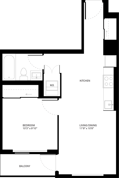 Floor plan for 1 bed, 1 bath, 559 sqft